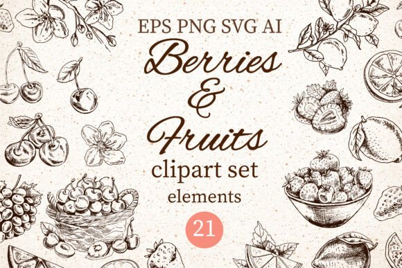 Berries Fruits Clipart Vintage Set: Graphics & Illustrations for Editorial Design