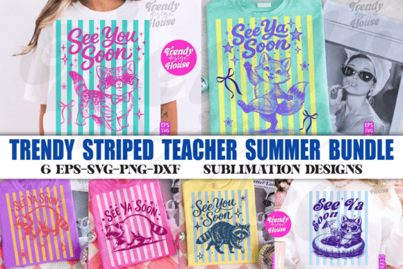 Trendy Striped Teacher Summer PNG Bundle for T-Shirt Designs & Brand Graphics